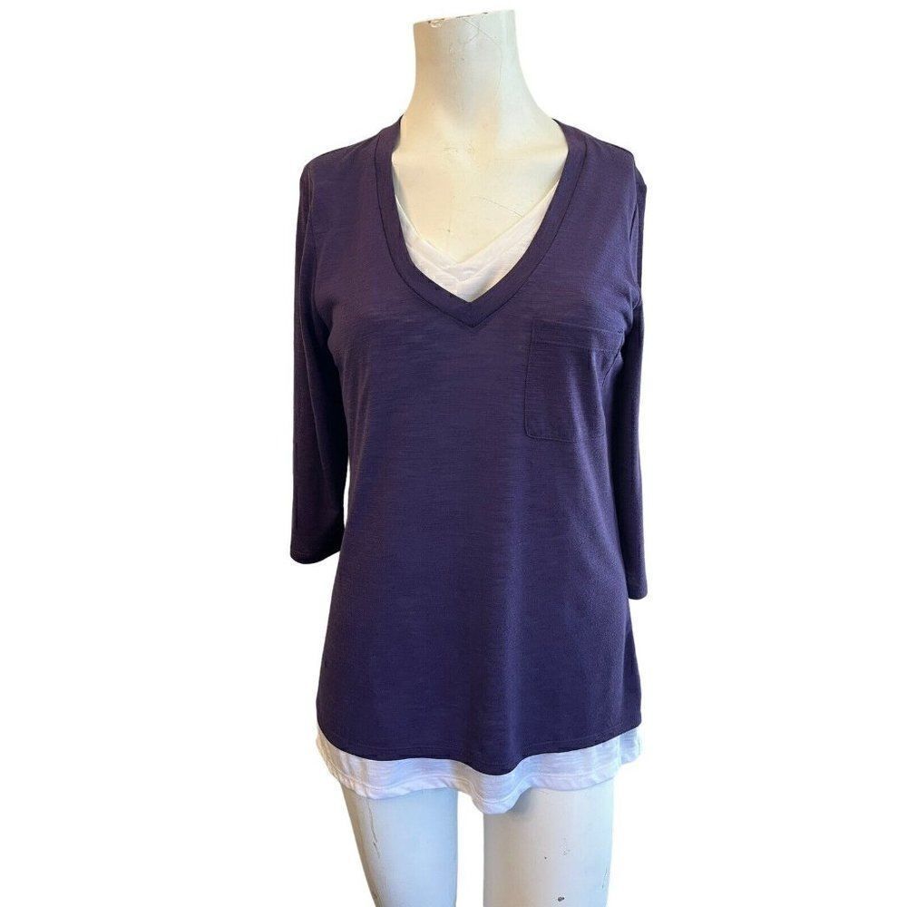 Rebecca Malone Women's Petite Medium PM Purple White T Shirt 3/4 Sleeve Blouse